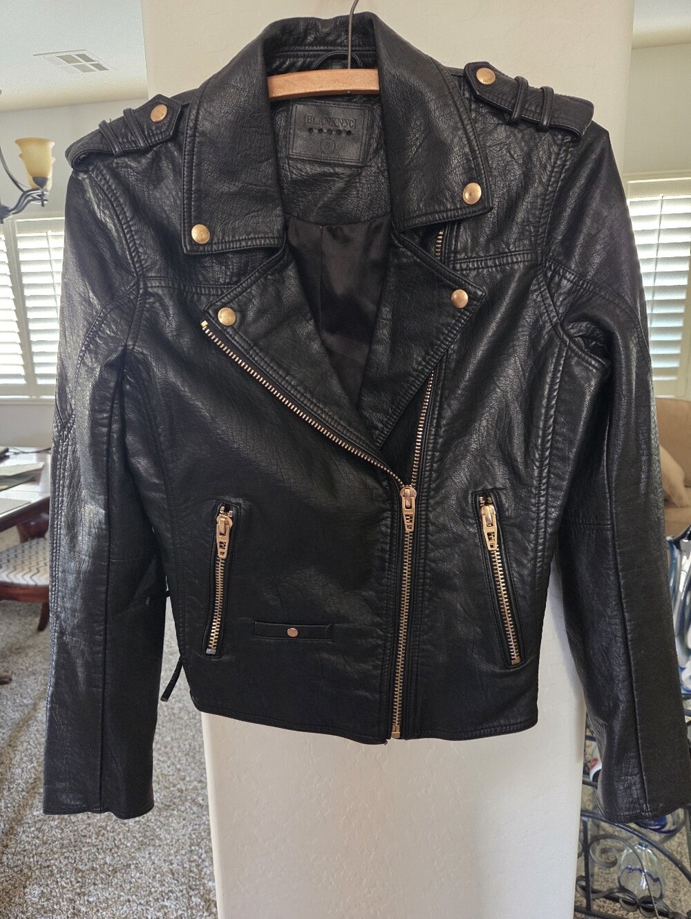 BLANK NYC Moto Jacket Vegan Leather Gold Accents Lace-up Side Waist Women Small